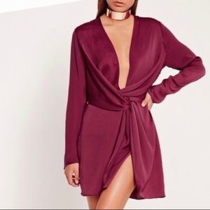 Missguided Burgundy Satin Wrap Dress
